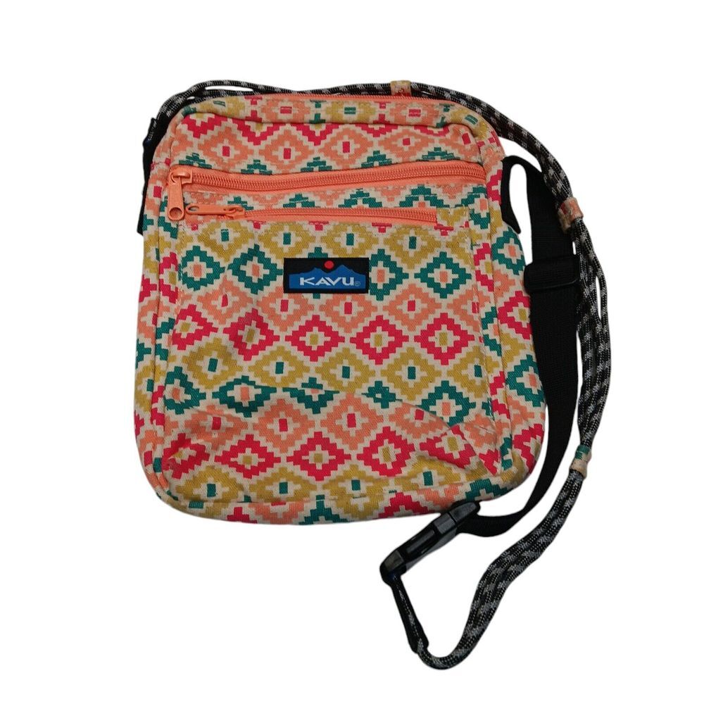 Kavu Multicolor Geometric Crossbody Bag with Coral Zippers